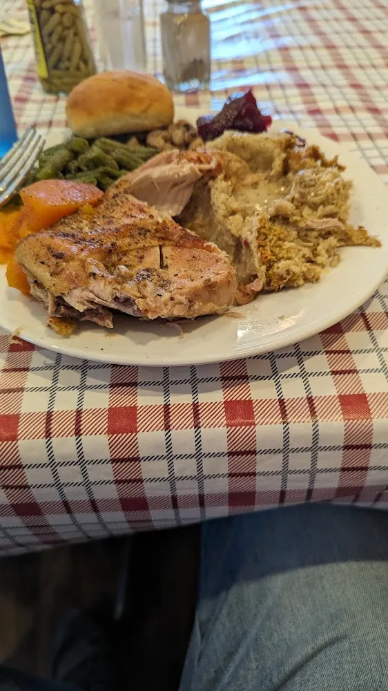 Baked Chicken Dressing and Gravy with Candied Yams Green Beans and Black-Eyed Peas